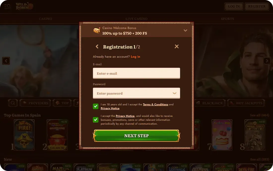wildrobin casino registration
